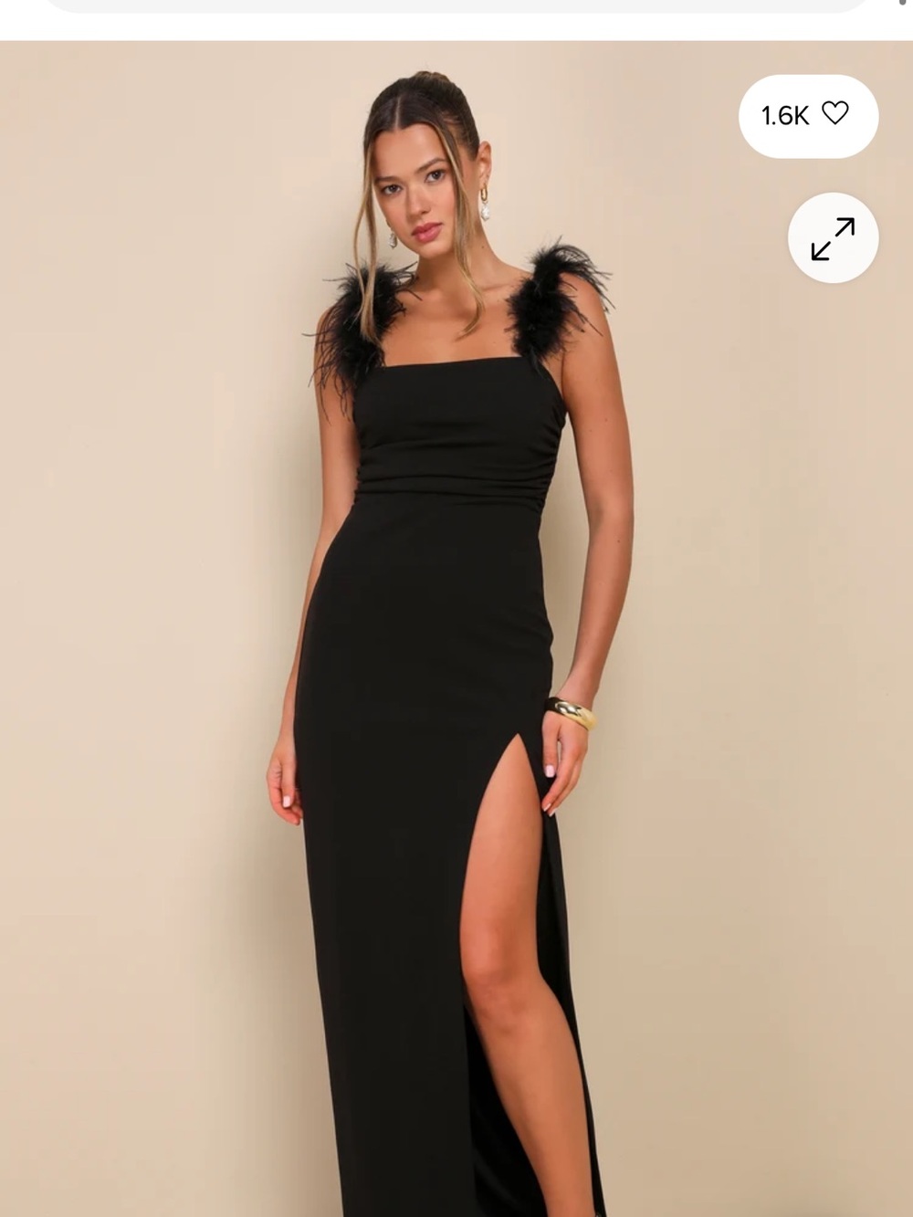 Lulus Dramatic Promise Black Feather Strap Ruched Column Maxi Dress